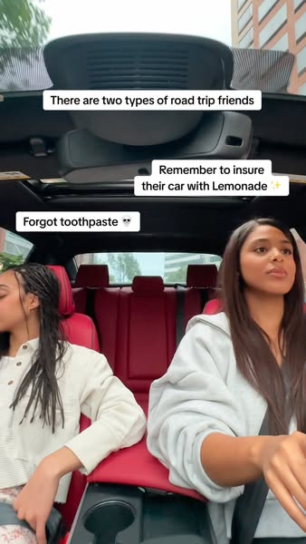 This ad uses a skit format with 2 women inside of a car to promote Lemonade Car Insurance. One woman reminds the other t