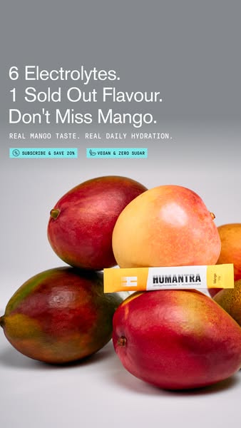 This ad for Humantra focuses on the mango flavor of its electrolyte supplement. It points out features like electrolytes