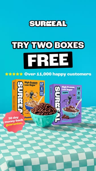 This ad promotes Surreal cereal. It shows boxes of the product, nutritional information, and a promotional offer to try 