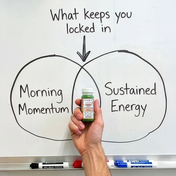 The ad features a bottle of Magic Mind displayed in front of a Venn diagram that highlights the benefits of morning mome