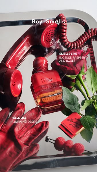 This ad showcases Boy Smells' Red Hot fragrance, emphasizing its scent profile and the emotions it evokes through a 