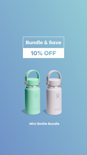 This ad showcases a 'Mini Bottle Bundle' from Hydro Flask, highlighting the offer of 10% off when purchasing the