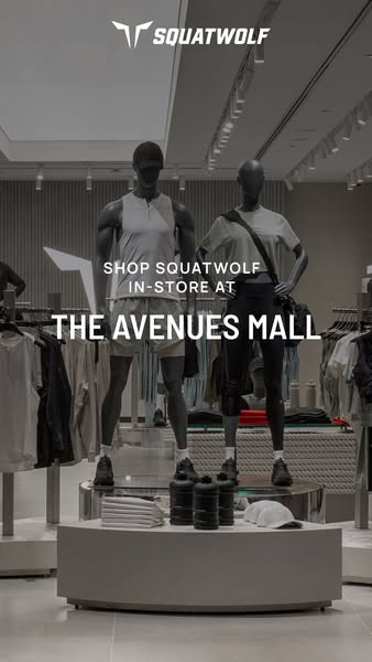 This ad for Squatwolf promotes their in-store location at The Avenues Mall. Two mannequins display athletic wear with va