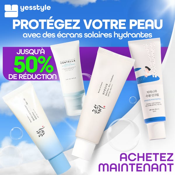 This image ad by YesStyle promotes a variety of sunscreen products, highlighting a discount of up to 50%. The ad feature