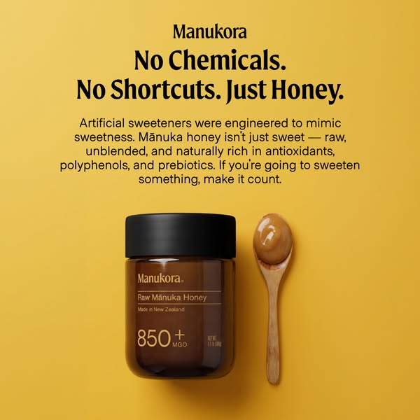This image ad for Manukora Mānuka honey emphasizes that the product is raw, unblended, and naturally rich in antioxidant