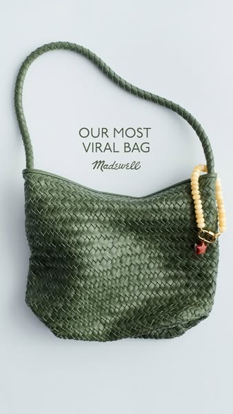 This image ad showcases a Madewell woven bag on a plain background. The headline highlights it as "Our Most Viral B