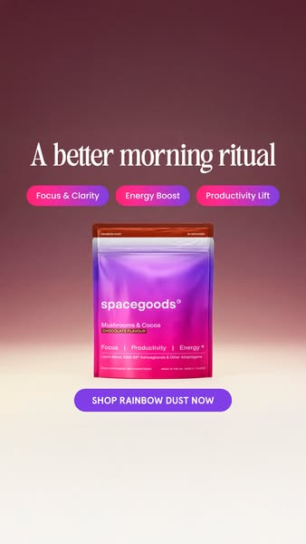 This ad is for Spacegoods mushroom and cocoa powder. The image features the product and calls out benefits such as focus