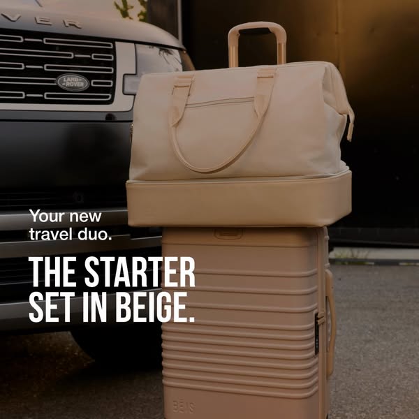 This ad showcases the brand’s starter travel set in beige consisting of a suitcase and a matching duffel bag. The text h