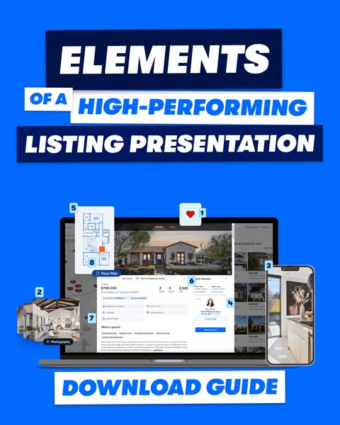 This ad promotes a guide for creating high-performing real estate listing presentations. The ad uses a laptop and phone 