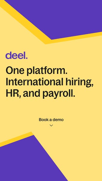 This ad promotes Deel, a platform for international hiring, HR, and payroll. It features a simple design with the brand 