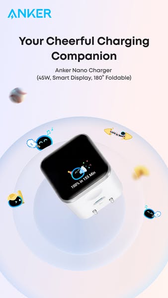 This ad showcases the Anker Nano Charger, emphasizing its compact design, smart display, and cheerful charging experienc