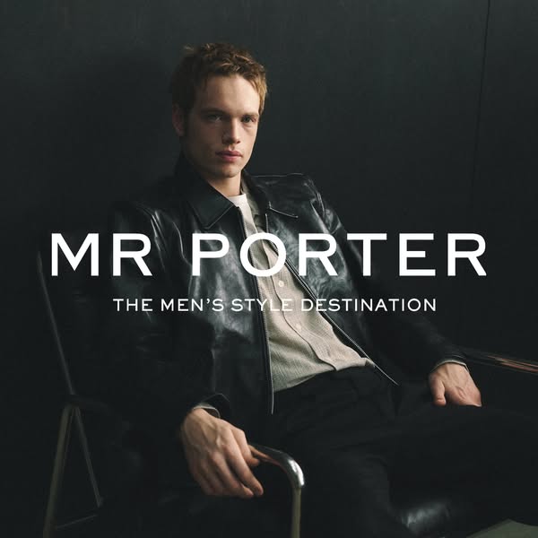 This image ad for Mr. Porter features a man sitting in a chair wearing a leather jacket and promotes Mr. Porter as the m