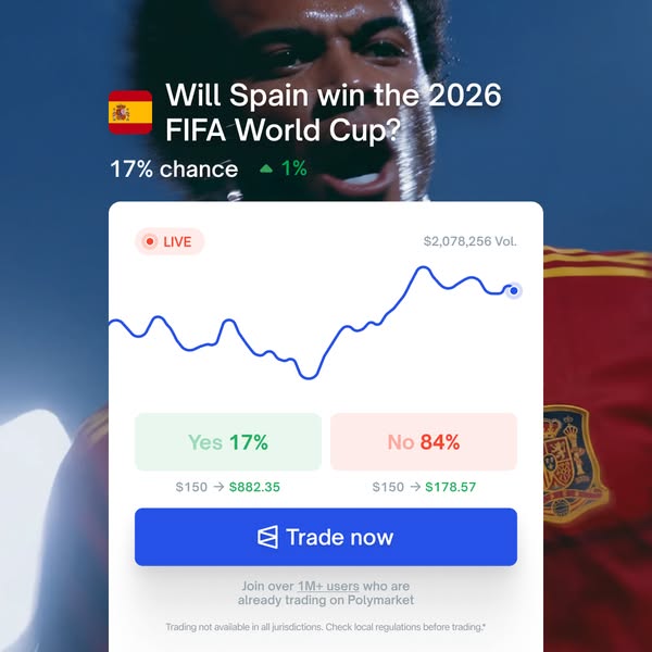 This ad promotes Polymarket, a prediction market platform, by posing a question about Spain's chances of winning the