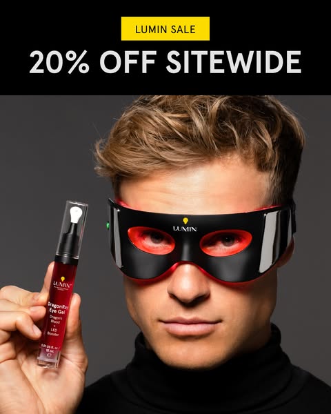 This image ad promotes Lumin's DragonRay Eye Gel with a 20% sitewide discount. The ad features a man wearing an LED 