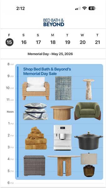 This ad uses a calendar-style visual to represent the Bed Bath & Beyond Memorial Day sale, highlighting various home
