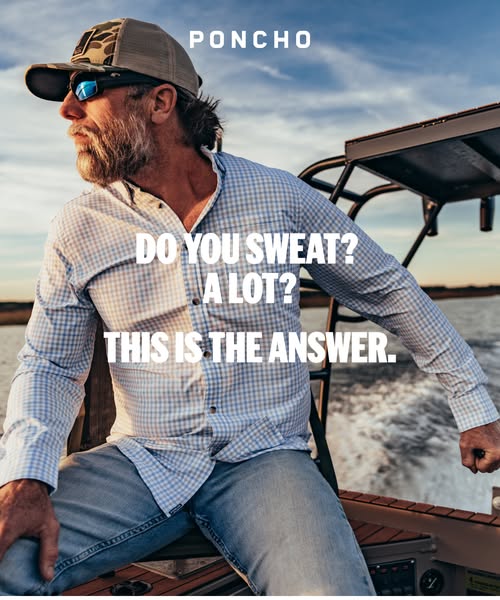 This ad for Poncho features an image of a middle-aged man on a boat wearing a button-down shirt, with the text "DO 