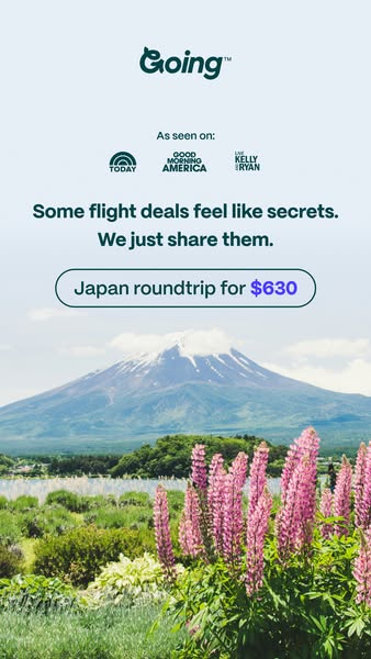 This ad from Going promotes their service by highlighting a specific flight deal to Japan for $630, creating a sense of 