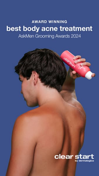 This ad showcases Clear Start's body acne treatment and features an award that it won. The product is being sprayed 