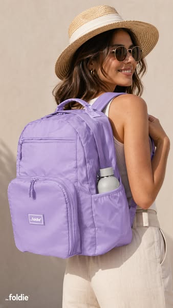 This ad features a woman wearing the foldie backpack. She is outside with the sun shining, and the ad shows the product 
