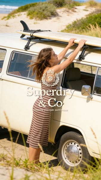 An advertisement for Superdry clothing featuring a woman beside a van on a beach.