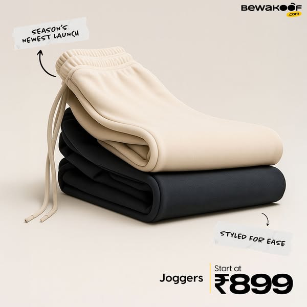 This ad showcases two folded pairs of Bewakoof joggers, highlighting their style and price point as part of the season&#