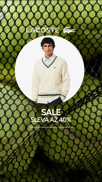 This image ad for Lacoste promotes a sale of up to 40% off. A model is seen wearing a sweater.