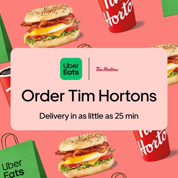 This image ad promotes Tim Hortons delivery through Uber Eats, highlighting the convenience of getting your favorite bre