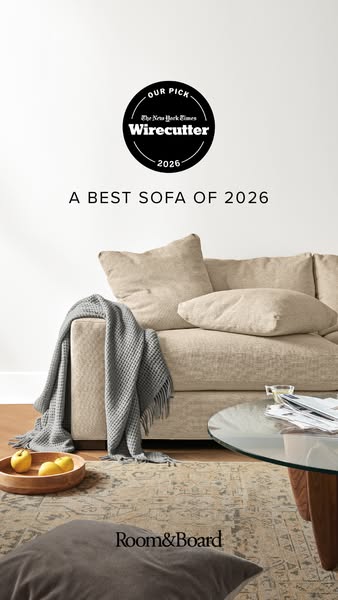This ad features a luxurious sofa, identified as the best of 2026 by The New York Times Wirecutter, and promotes the Roo