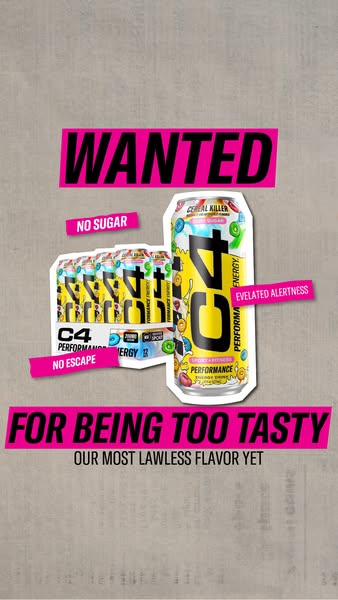 This ad showcases C4 Energy's Cereal Killer flavor as a tasty, no-sugar performance drink. The advertisement feature