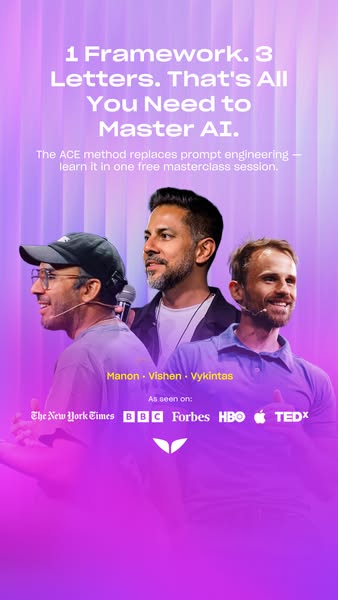 This ad promotes the ACE method for mastering AI through a free masterclass session. The ad features three individuals a
