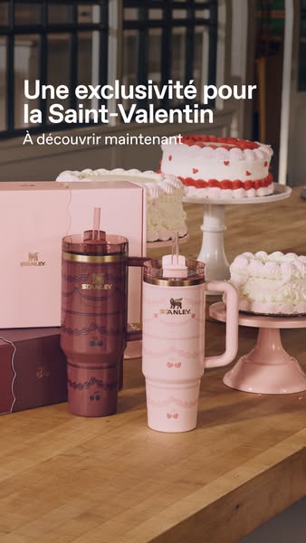 This ad showcases Stanley's Valentine's Day exclusive collection, featuring two tumblers in a festive setting wi