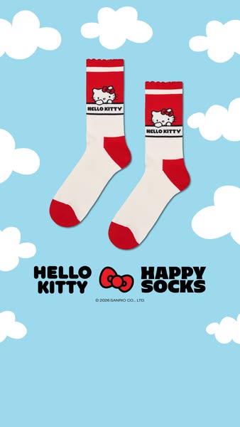 This image ad showcases a pair of Hello Kitty-branded socks against a sky blue background with cartoon clouds. The ad fo