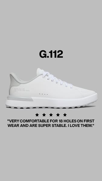 A static image ad for G.112 golf shoes. The ad shows a single golf shoe and includes a quote from a customer who says th