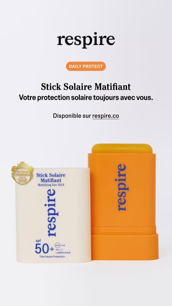 This ad showcases Respire's mattifying sun stick, emphasizing its portability and SPF 50+ protection. The layout is 