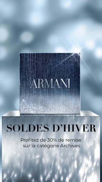 This ad promotes an Armani fragrance with a winter sale discount. The visual features a product box with a gradient, set