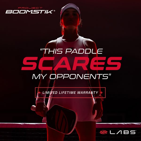 This ad features a pickleball player holding a Project Boomstik paddle. The headline is a quote from the player stating 