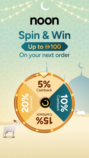 This image ad for Noon promotes a Spin & Win game with a chance to win up to 100 on the next order. The visuals are 