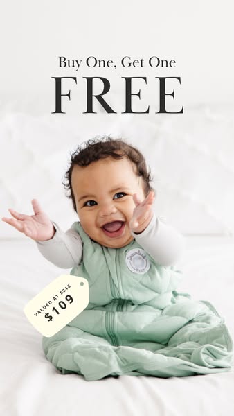 This image ad showcases a baby in a Dreamland Baby sleep sack, emphasizing a buy-one-get-one-free promotion. The visual 