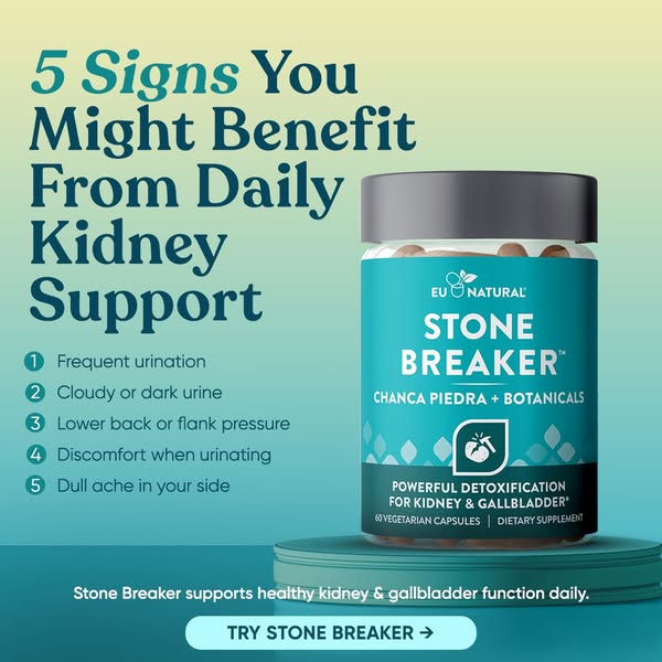 This image ad promotes EU Natural's Stone Breaker supplement, highlighting its benefits for kidney and gallbladder f