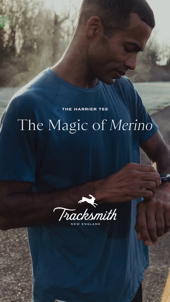 An image ad for Tracksmith apparel featuring a runner wearing a Harrier Tee, highlighting the 'magic of merino' 