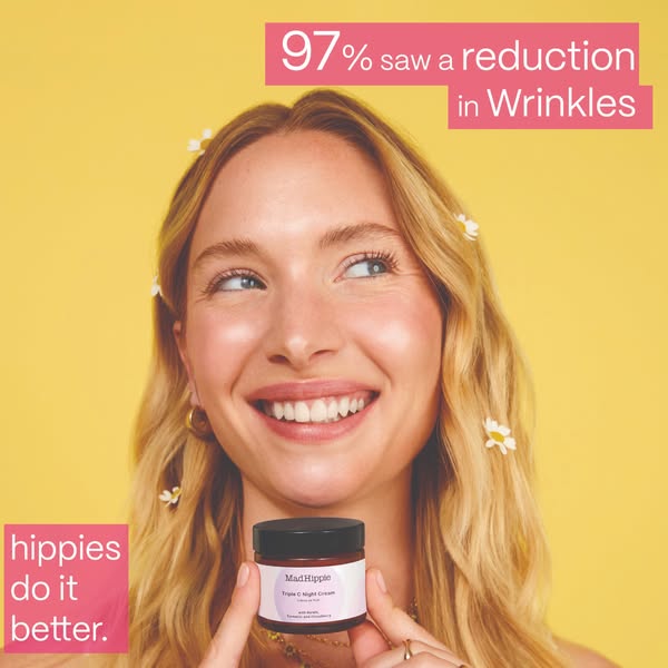 This image ad features a woman holding Mad Hippie Triple C Night Cream. The ad highlights the statistic that 97% of user