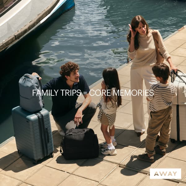 An image ad features a family of four standing on a pier with their luggage, ready for a family trip. The ad emphasizes 