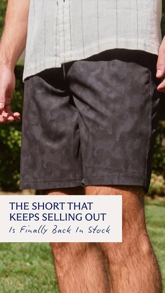 The ad features a pair of men's shorts and announces that they are back in stock after selling out.