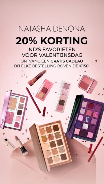 The image ad promotes Natasha Denona makeup products, offering 20% off and a free gift for Valentine's Day.