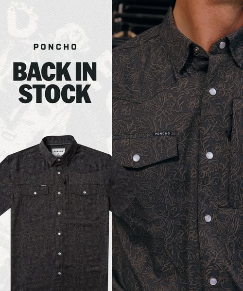 This image ad features a 'Back in Stock' announcement for a western-style button-down shirt from the brand Ponch