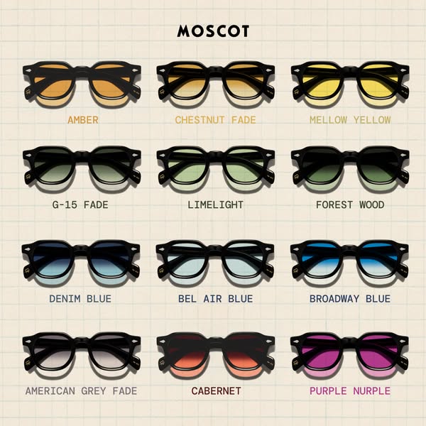 This ad shows off the Moscot Lemtosh sunglasses and all of their lens color options. Each pair of glasses is named with 