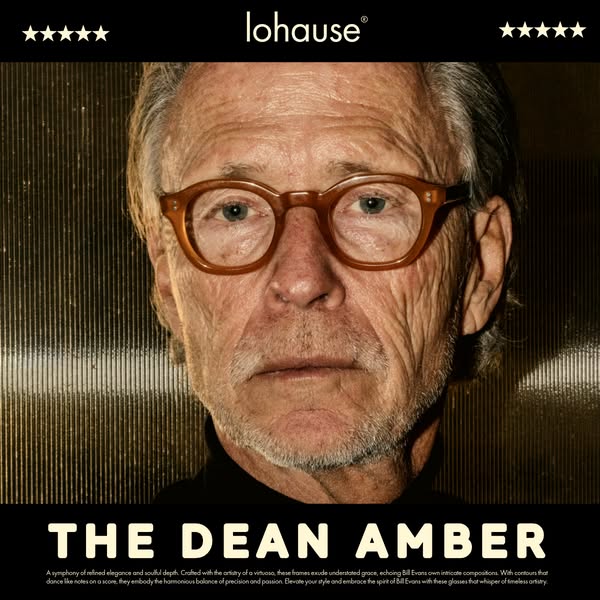An image ad showcasing the Lohause brand and the Dean Amber eyewear model, featuring a portrait of a distinguished-looki