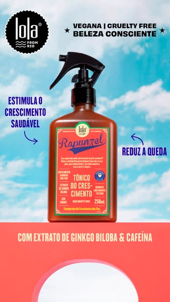 This ad promotes Lola From Rio Rapunzel Hair Growth Tonic. It features a bottle of the tonic set against a sky backgroun