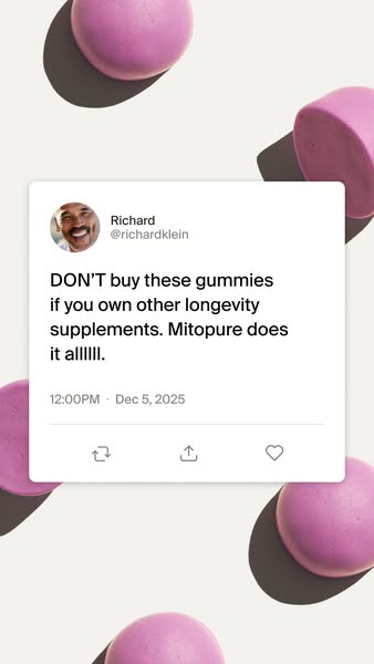 This ad features a social media post from a user named Richard who claims that Mitopure gummies are so effective that yo