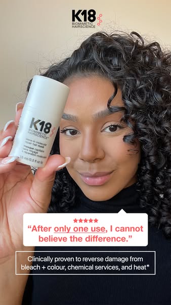 This ad features a woman holding K18 hair product and sharing her positive experience with it. The ad highlights the pro